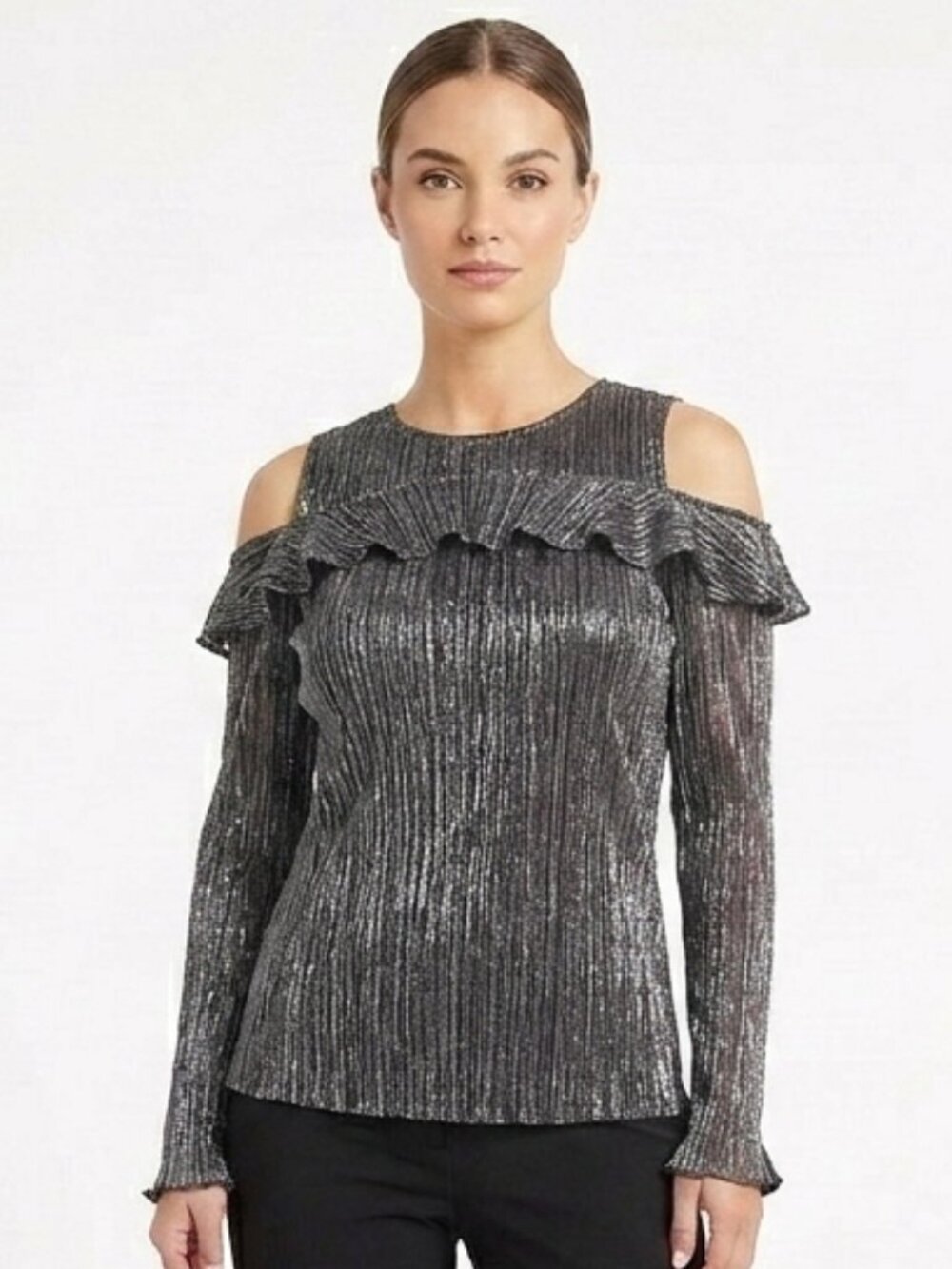 Anne Klein Metallic Cold Shoulder Ruffled Stretch Top NEW- Sz. Sm